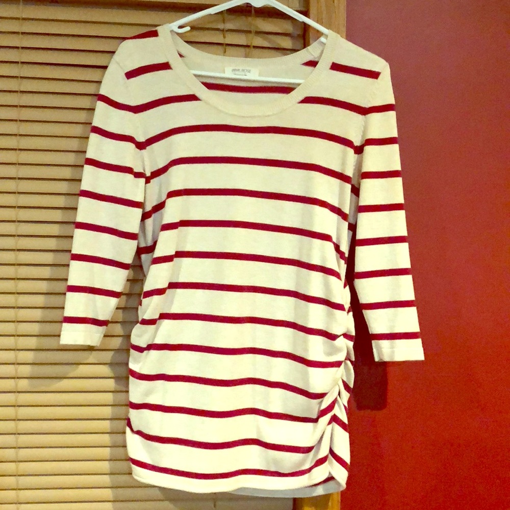 Cream maternity sweater with burgundy stripes